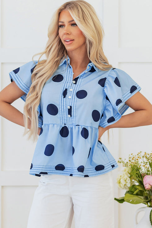 Polka Dot Print Ruffle Sleeve Button Front Blouse