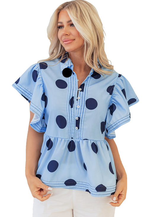 Polka Dot Print Ruffle Sleeve Button Front Blouse