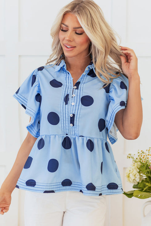 Polka Dot Print Ruffle Sleeve Button Front Blouse