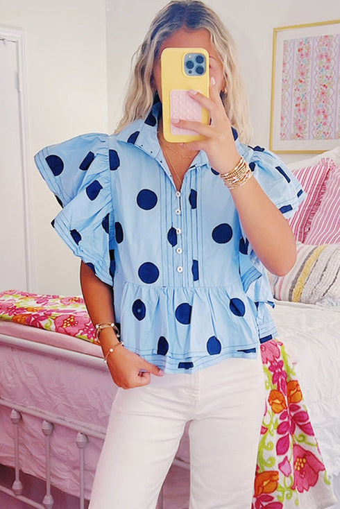 Polka Dot Print Ruffle Sleeve Button Front Blouse