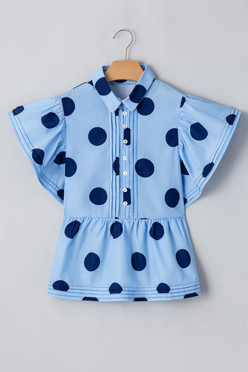 Polka Dot Print Ruffle Sleeve Button Front Blouse