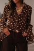 Polka Dot Print Ruffle Trim V Neck Bell Sleeve Blouse