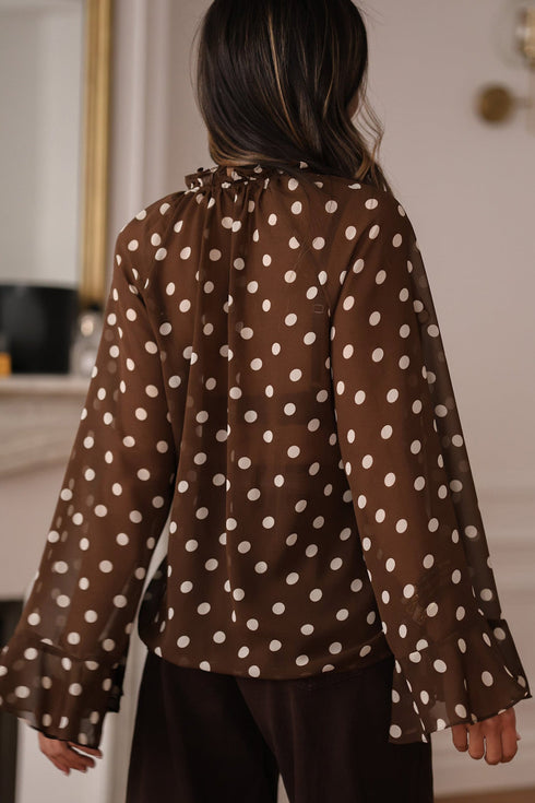 Polka Dot Print Ruffle Trim V Neck Bell Sleeve Blouse
