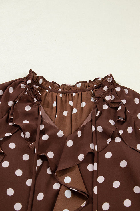 Polka Dot Print Ruffle Trim V Neck Bell Sleeve Blouse