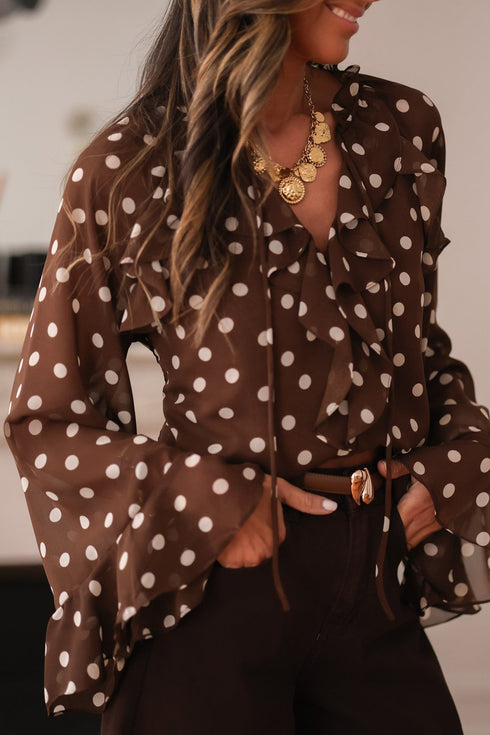 Polka Dot Print Ruffle Trim V Neck Bell Sleeve Blouse