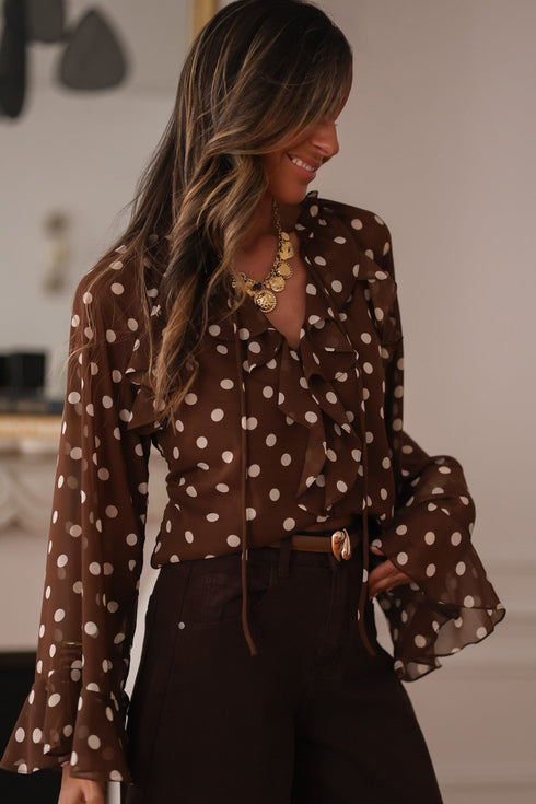Polka Dot Print Ruffle Trim V Neck Bell Sleeve Blouse