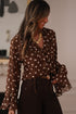 Polka Dot Print Ruffle Trim V Neck Bell Sleeve Blouse