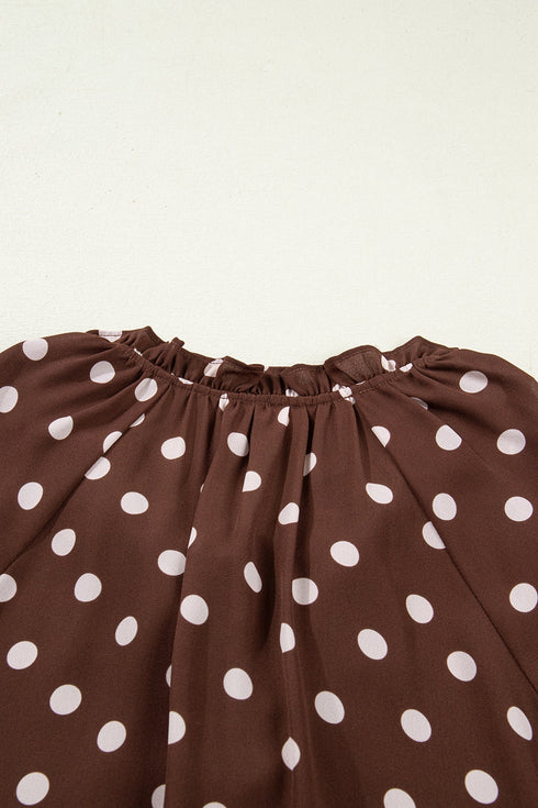 Polka Dot Print Ruffle Trim V Neck Bell Sleeve Blouse