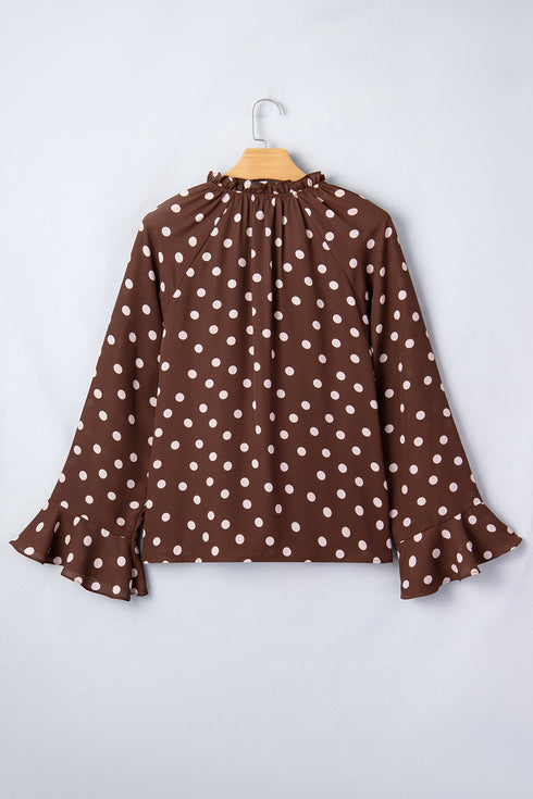 Polka Dot Print Ruffle Trim V Neck Bell Sleeve Blouse