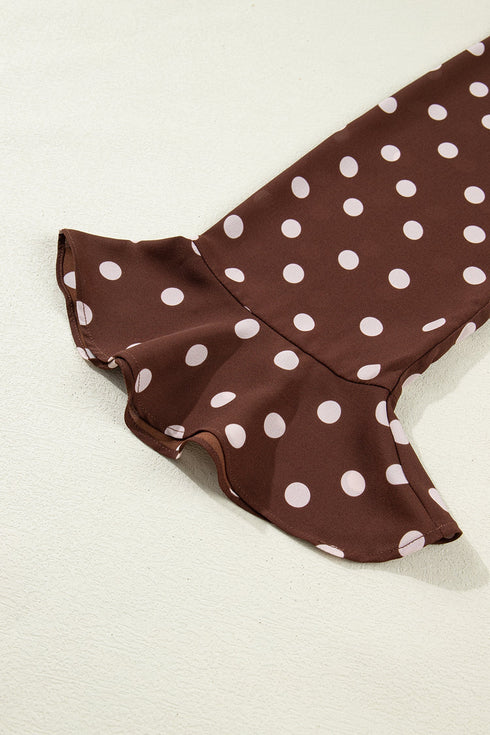 Polka Dot Print Ruffle Trim V Neck Bell Sleeve Blouse