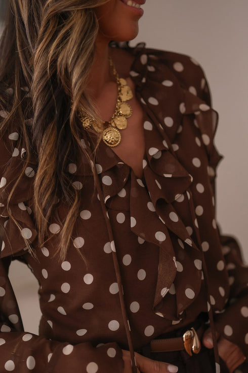 Polka Dot Print Ruffle Trim V Neck Bell Sleeve Blouse