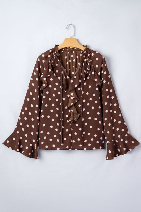 Polka Dot Print Ruffle Trim V Neck Bell Sleeve Blouse