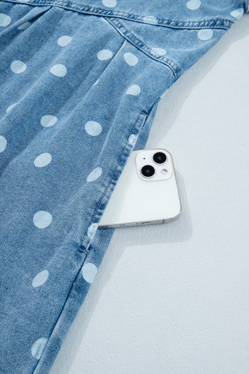 Polka Dot Print Ruffled Puff Sleeve Denim Mini Dress