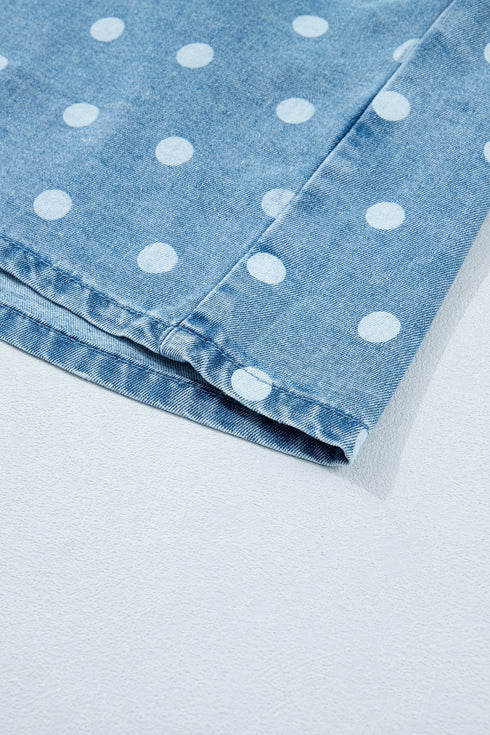 Polka Dot Print Ruffled Puff Sleeve Denim Mini Dress