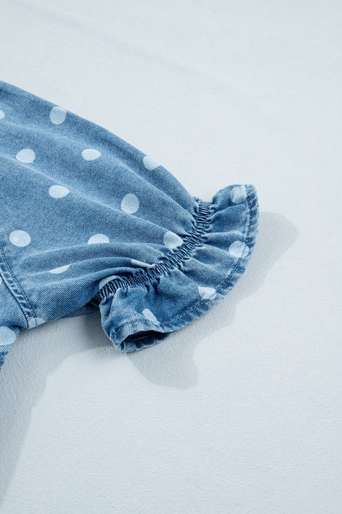 Polka Dot Print Ruffled Puff Sleeve Denim Mini Dress