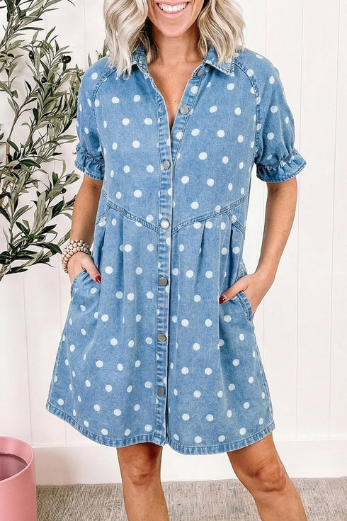 Polka Dot Print Ruffled Puff Sleeve Denim Mini Dress