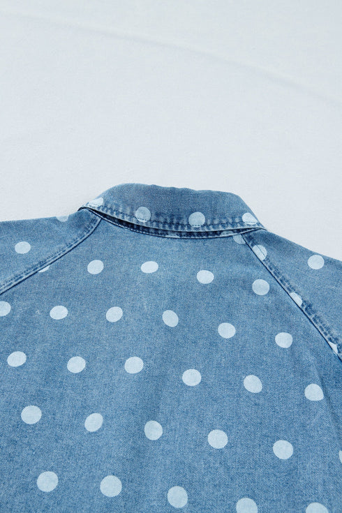 Polka Dot Print Ruffled Puff Sleeve Denim Mini Dress