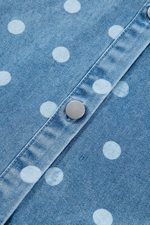 Polka Dot Print Ruffled Puff Sleeve Denim Mini Dress