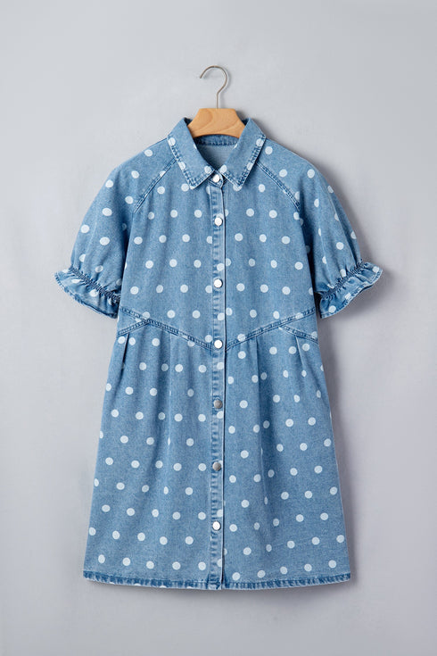 Polka Dot Print Ruffled Puff Sleeve Denim Mini Dress