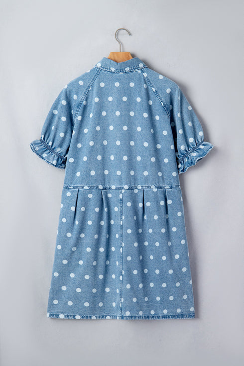 Polka Dot Print Ruffled Puff Sleeve Denim Mini Dress