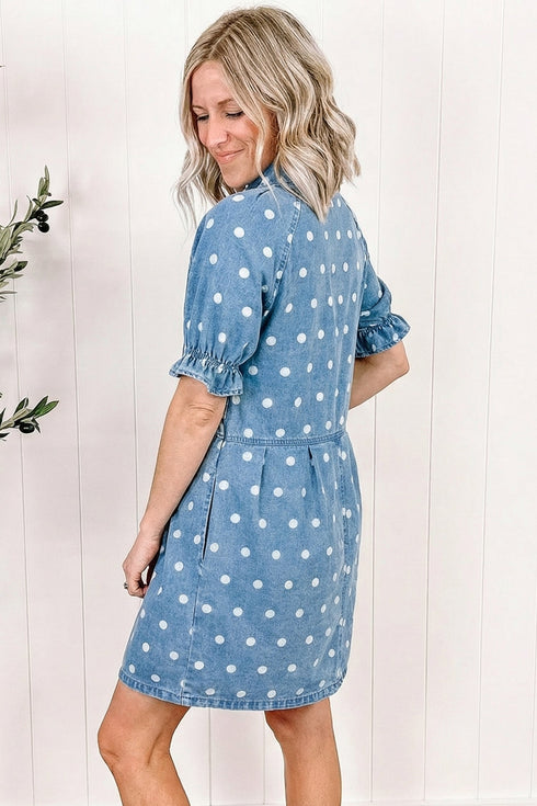 Polka Dot Print Ruffled Puff Sleeve Denim Mini Dress