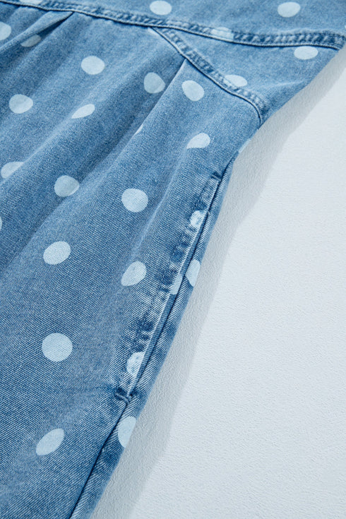 Polka Dot Print Ruffled Puff Sleeve Denim Mini Dress