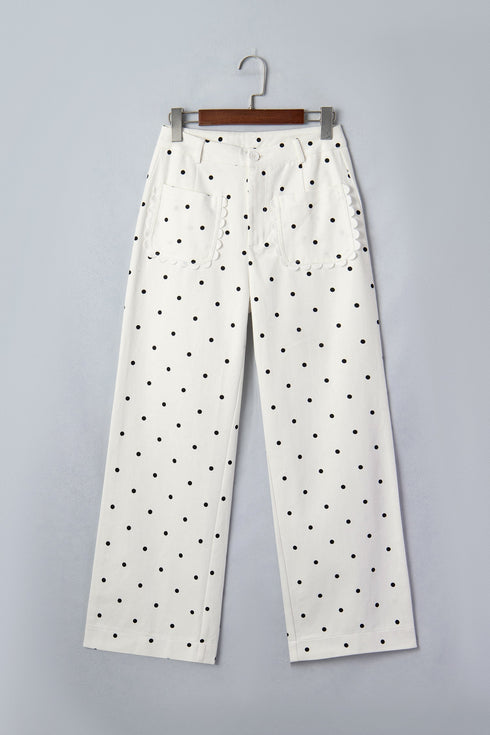 Polka Dot Print Scalloped Patch Pocket Cotton Shift Pants