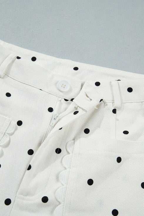 Polka Dot Print Scalloped Patch Pocket Cotton Shift Pants