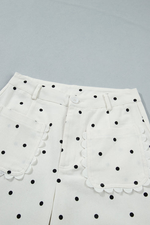 Polka Dot Print Scalloped Patch Pocket Cotton Shift Pants