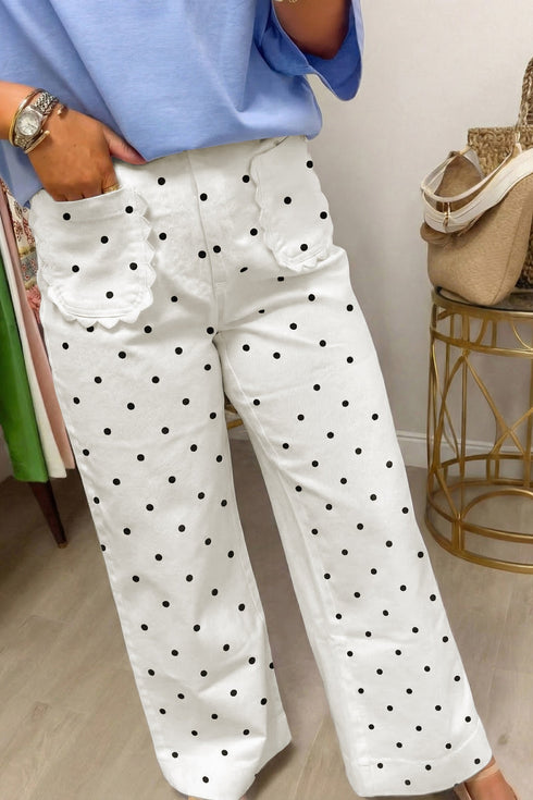 Polka Dot Print Scalloped Patch Pocket Cotton Shift Pants