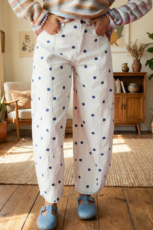 Polka Dot Print Seam Detail Wide Leg Barrel Jeans