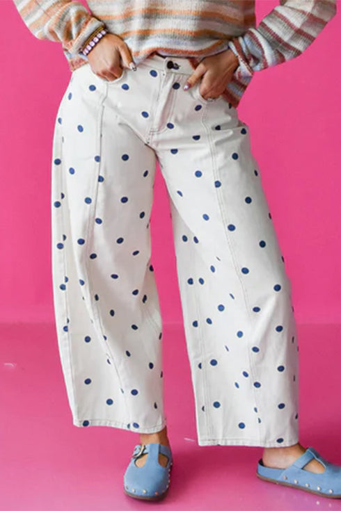 Polka Dot Print Seam Detail Wide Leg Barrel Jeans
