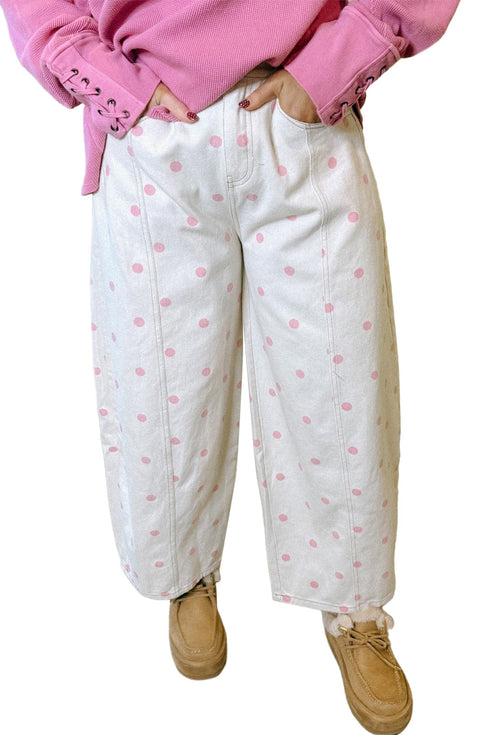 Polka Dot Print Seam Detail Wide Leg Barrel Jeans