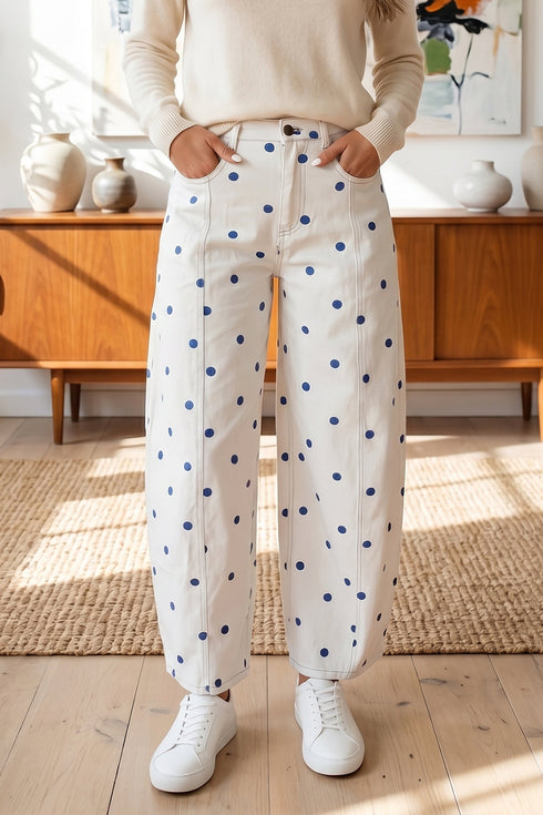 Polka Dot Print Seam Detail Wide Leg Barrel Jeans