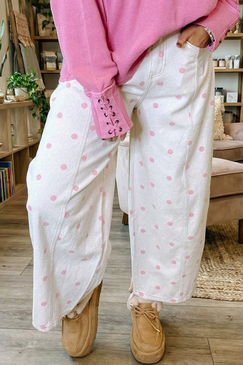 Polka Dot Print Seam Detail Wide Leg Barrel Jeans
