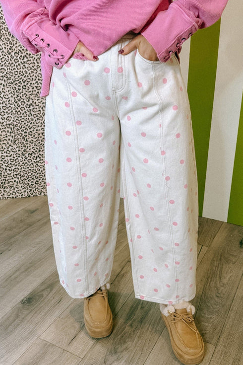 Polka Dot Print Seam Detail Wide Leg Barrel Jeans