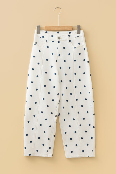 Polka Dot Print Seam Detail Wide Leg Barrel Jeans