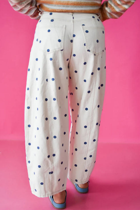 Polka Dot Print Seam Detail Wide Leg Barrel Jeans