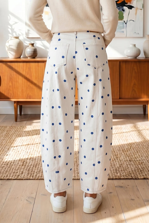 Polka Dot Print Seam Detail Wide Leg Barrel Jeans