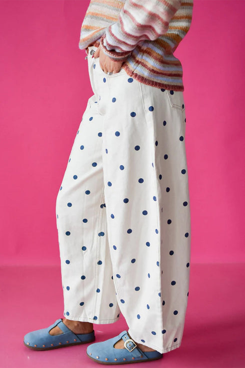 Polka Dot Print Seam Detail Wide Leg Barrel Jeans