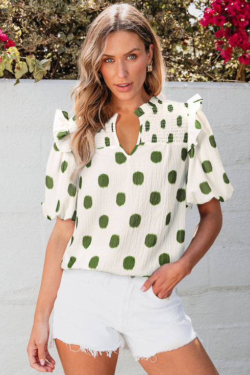 Polka Dot Print Shirred Yoke Notched Neck Balloon Sleeve Blouse