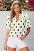 Polka Dot Print Shirred Yoke Notched Neck Balloon Sleeve Blouse