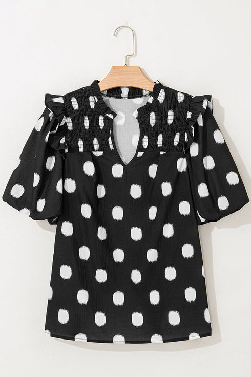 Polka Dot Print Shirred Yoke Notched Neck Balloon Sleeve Blouse