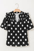 Polka Dot Print Shirred Yoke Notched Neck Balloon Sleeve Blouse