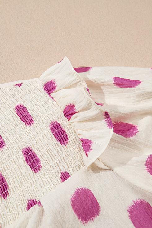 Polka Dot Print Shirred Yoke Notched Neck Balloon Sleeve Blouse