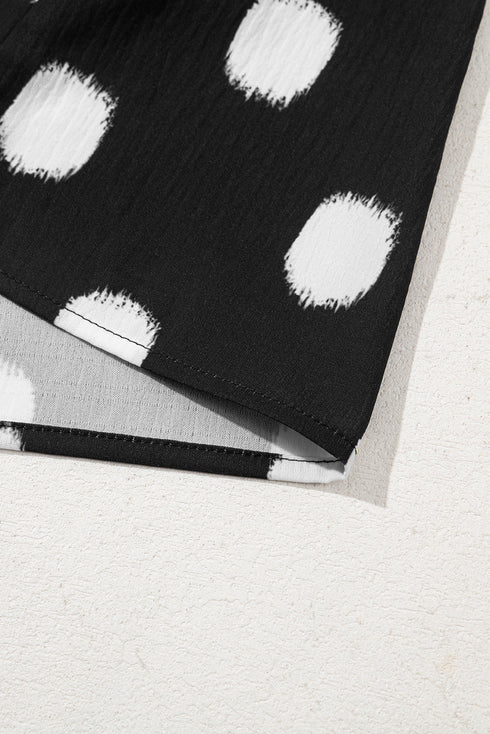 Polka Dot Print Shirred Yoke Notched Neck Balloon Sleeve Blouse