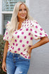 Polka Dot Print Shirred Yoke Notched Neck Balloon Sleeve Blouse