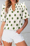 Polka Dot Print Shirred Yoke Notched Neck Balloon Sleeve Blouse