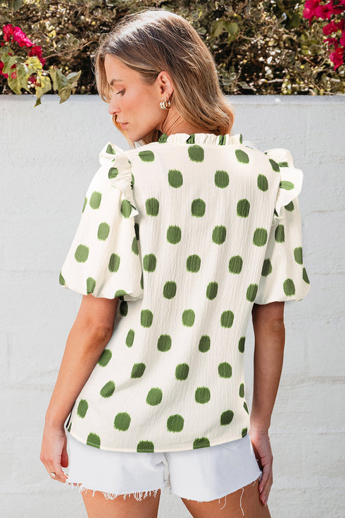 Polka Dot Print Shirred Yoke Notched Neck Balloon Sleeve Blouse