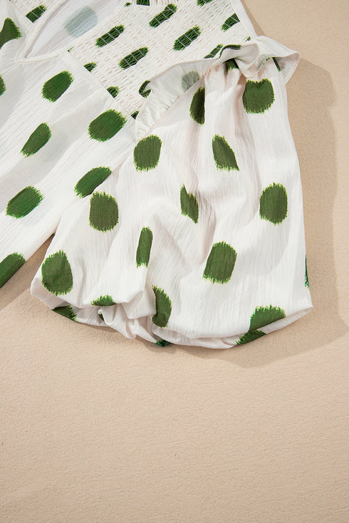 Polka Dot Print Shirred Yoke Notched Neck Balloon Sleeve Blouse